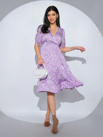 Rochia Lilou din bumbac, cu imprimeu floral, petrecuta, taiata sub bust, cu volan