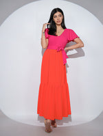 Rochia Jully din tripluvoal, lunga, cu volan si cordon