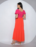 Rochia Jully din tripluvoal, lunga, cu volan si cordon