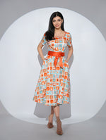 Rochia Ruby din bumbac satinat cu imprimeu grafic, buzunare si cordon