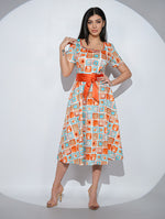 Rochia Ruby din bumbac satinat cu imprimeu grafic, buzunare si cordon