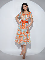 Rochia Ruby din bumbac satinat cu imprimeu grafic, buzunare si cordon