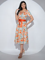 Rochia Ruby din bumbac satinat cu imprimeu grafic, buzunare si cordon