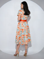 Rochia Ruby din bumbac satinat cu imprimeu grafic, buzunare si cordon