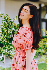 Rochia Cherry Love din poplin de bumbac cu imprimeu cirese si umeri goi | Monielle