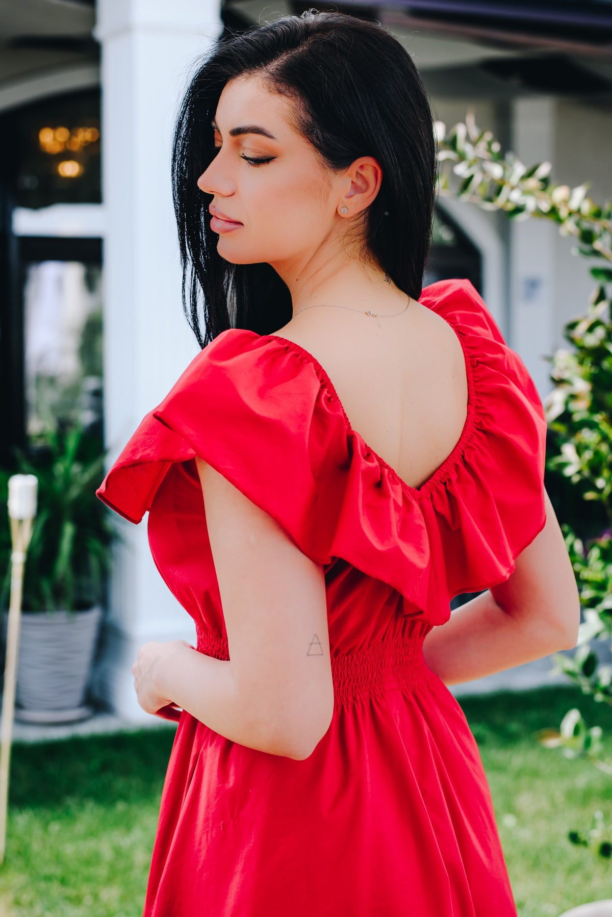 Rochia Milena Rosso din poplin de bumbac cu volan la decolteu si talie elastica | Monielle