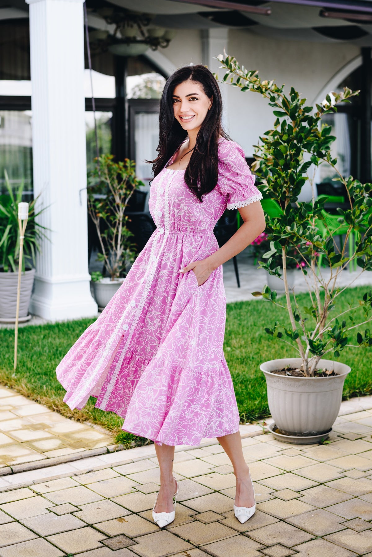 Rochia Ayda Rose din vascoza, in si bumbac cu dantela si nasturi decorativi | Monielle