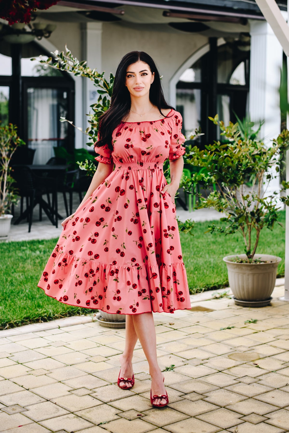 Rochia Cherry Love din poplin de bumbac cu imprimeu cirese si umeri goi | Monielle