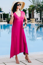 Rochia Dolce Venice Fuchsia din jerseu fluid cu decolteu in V si tiv asimetric | Monielle