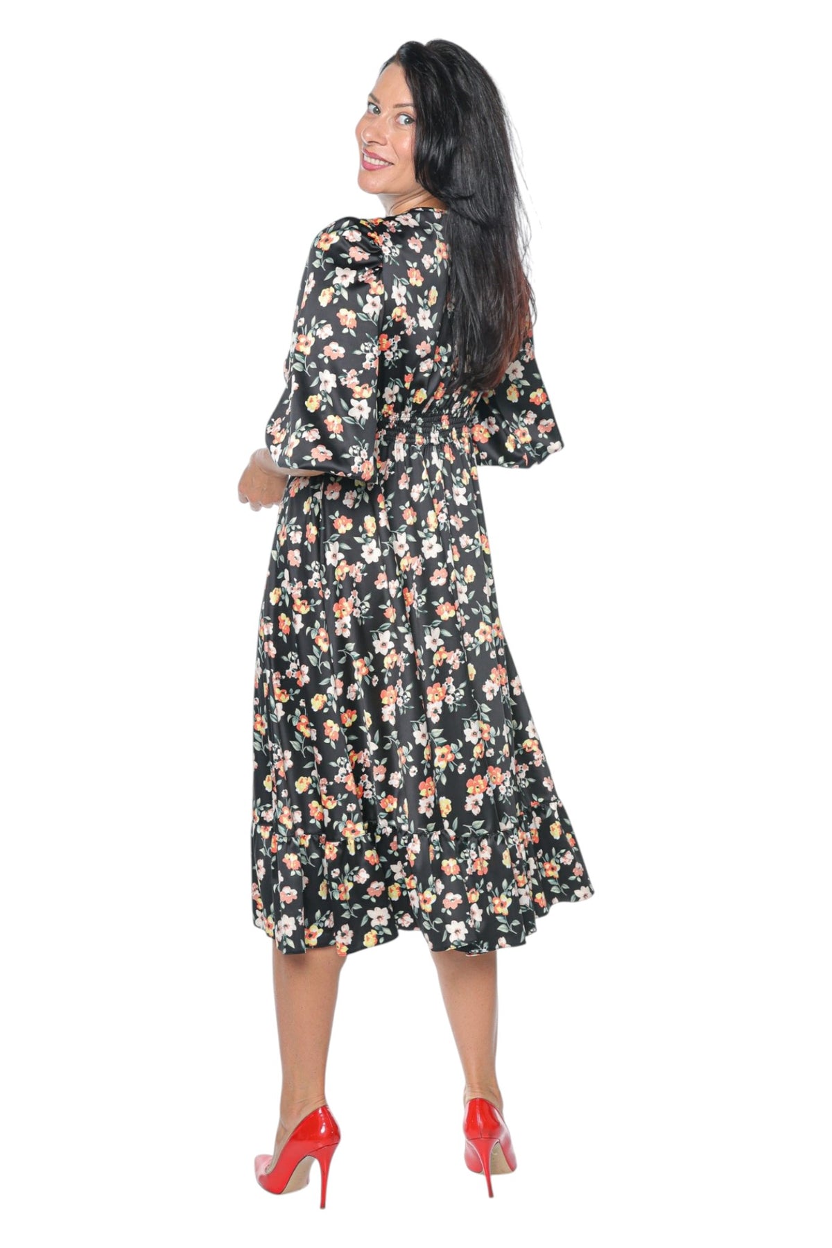Rochie florală Livia Black Monielle, croi feminin