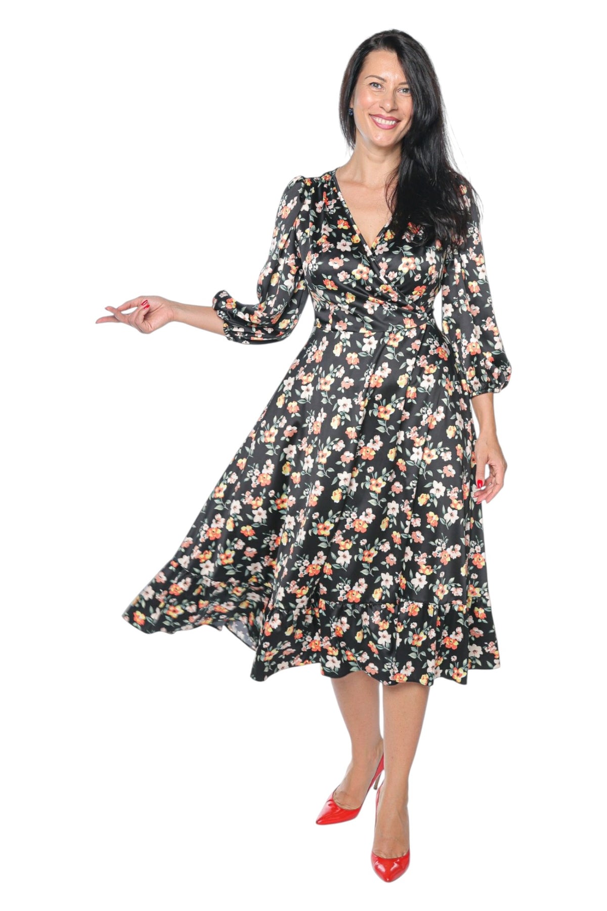 Rochie Livia neagră Monielle cu imprimeu floral