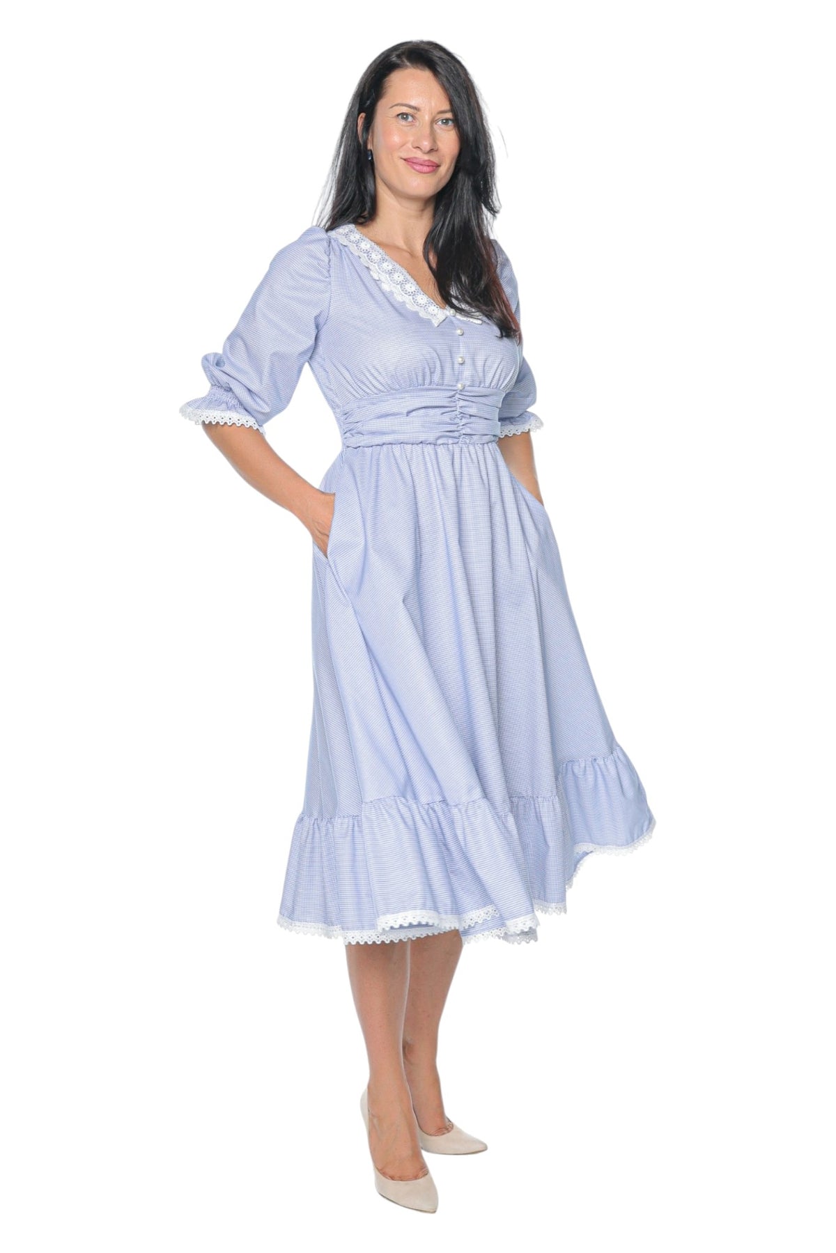 Rochie Viva Romantic Blue din bumbac, cu guler din dantela alba, talie tip corset, volan si buzunare | Monielle
