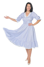 Rochie Viva Romantic Blue din bumbac, cu guler din dantela alba, talie tip corset, volan si buzunare | Monielle