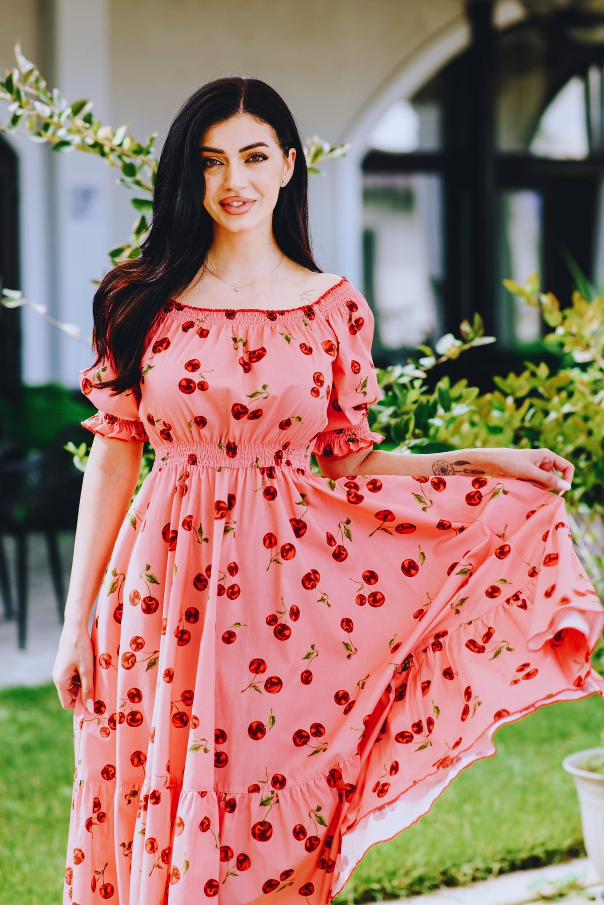 Rochia Cherry Love din poplin de bumbac cu imprimeu cirese si umeri goi | Monielle