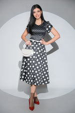 Rochia Dottie Noir cu buline, buzunare si curea