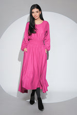 Rochia Rosalinda fuchsia din jerseu gros cu viscoza, croi lejer si asimetric