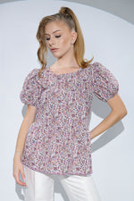 Bluza Anouk din bumbac cu imprimeu floral, volane si elastic la spate