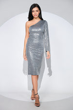 Rochia Electra din paiete argintii, tip creion, cu un umar gol - Editie limitata