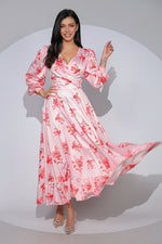 Rochia Valentina din satin cu imprimeu floral, croi petrecut și volan romantic