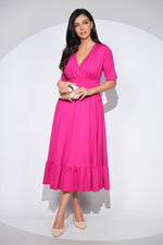 Rochia Althea fuchsia din jerseu de bumbac, croi feminin cu volan si buzunare