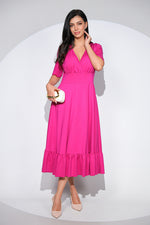 Rochia Althea fuchsia din jerseu de bumbac, croi feminin cu volan si buzunare