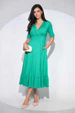 Rochia Althea verde din jerseu de bumbac, croi feminin cu volan si buzunare