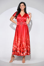 Rochia Scarlet din tafta fină cu reflexe satinate, croi petrecut și imprimeu floral degrade