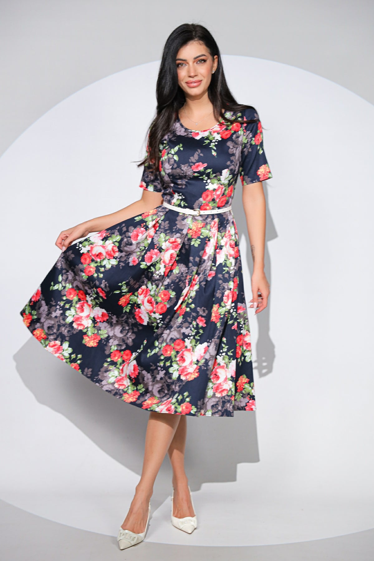 Rochia Serena din bumbac cu imprimeu floral, buzunare si curea