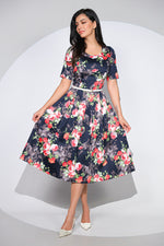 Rochia Serena din bumbac cu imprimeu floral, buzunare si curea