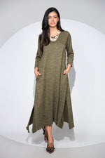 Rochia Venice kaki din jerseu cu lana, croi lejer si asimetric