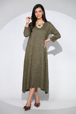 Rochia Venice kaki din jerseu cu lana, croi lejer si asimetric