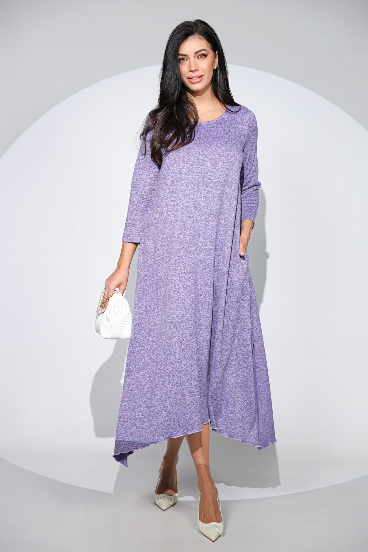 Rochia Venice lila din jerseu cu lana, croi lejer si asimetric