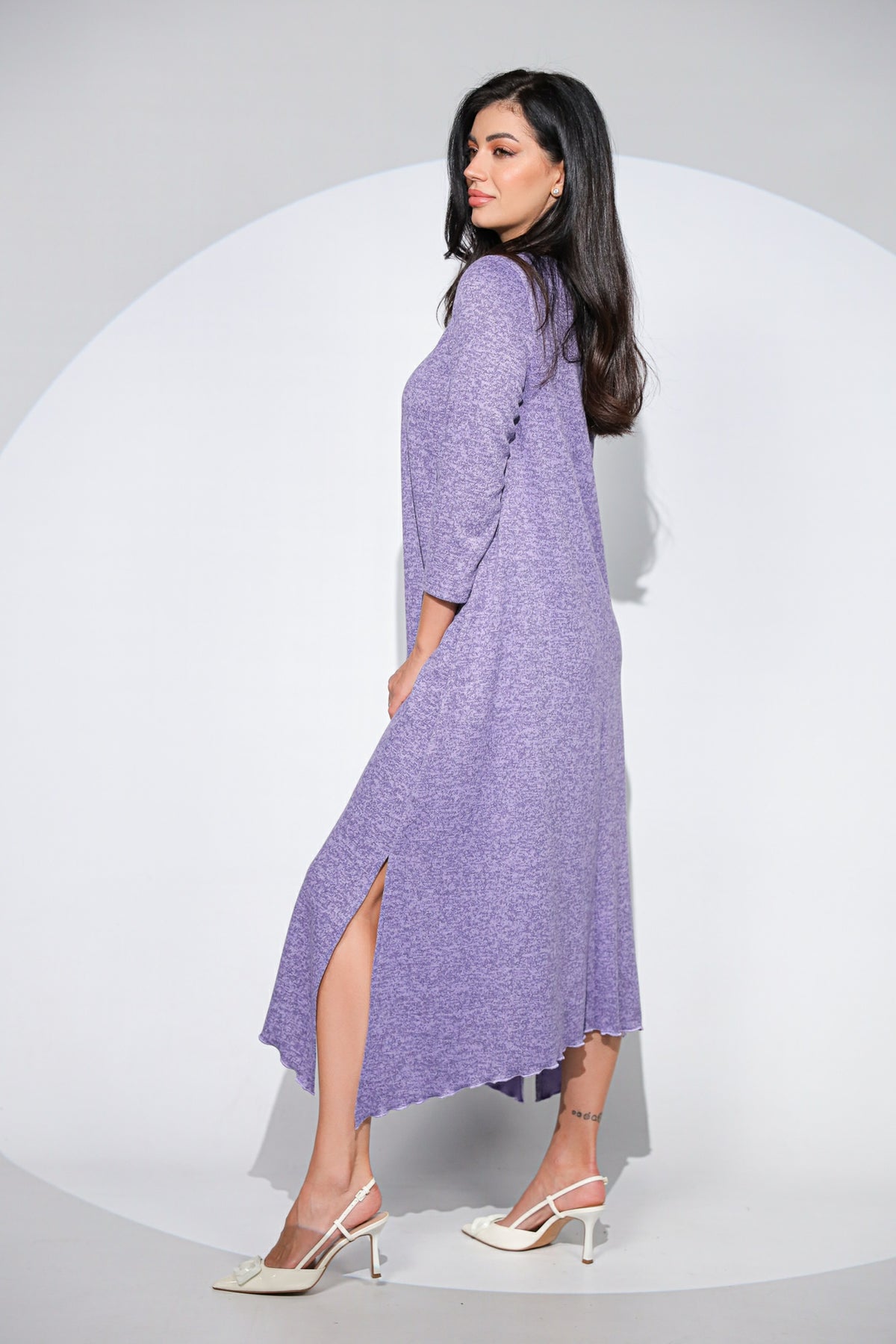 Rochia Venice lila din jerseu cu lana, croi lejer si asimetric