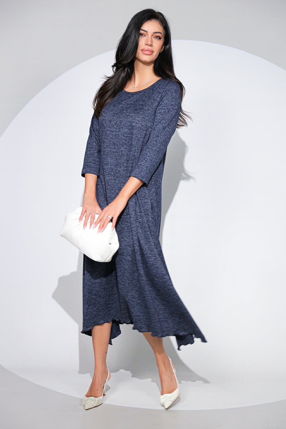 Rochia Venice bleumarin din jerseu cu lana, croi lejer si asimetric