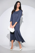 Rochia Venice bleumarin din jerseu cu lana, croi lejer si asimetric