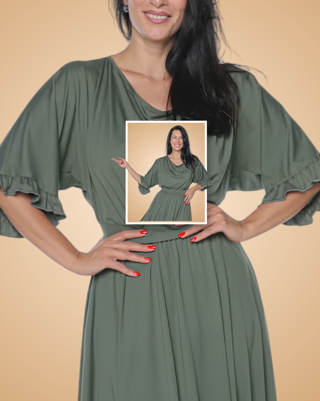 Model purtând rochie verde Monielle, prezentată în campania Târg de Toamnă