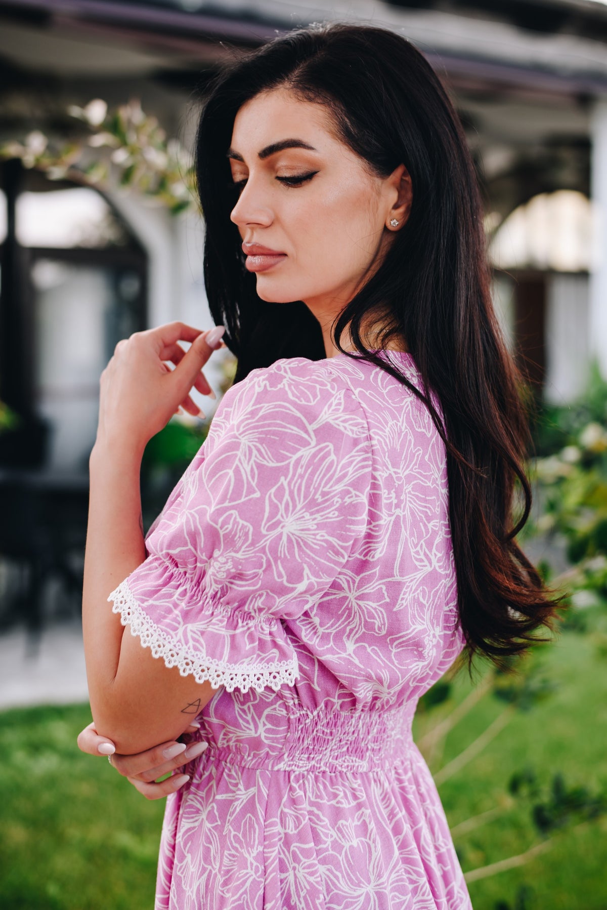 Rochia Ayda Rose din vascoza, in si bumbac cu dantela si nasturi decorativi | Monielle