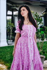 Rochia Ayda Rose din vascoza, in si bumbac cu dantela si nasturi decorativi | Monielle
