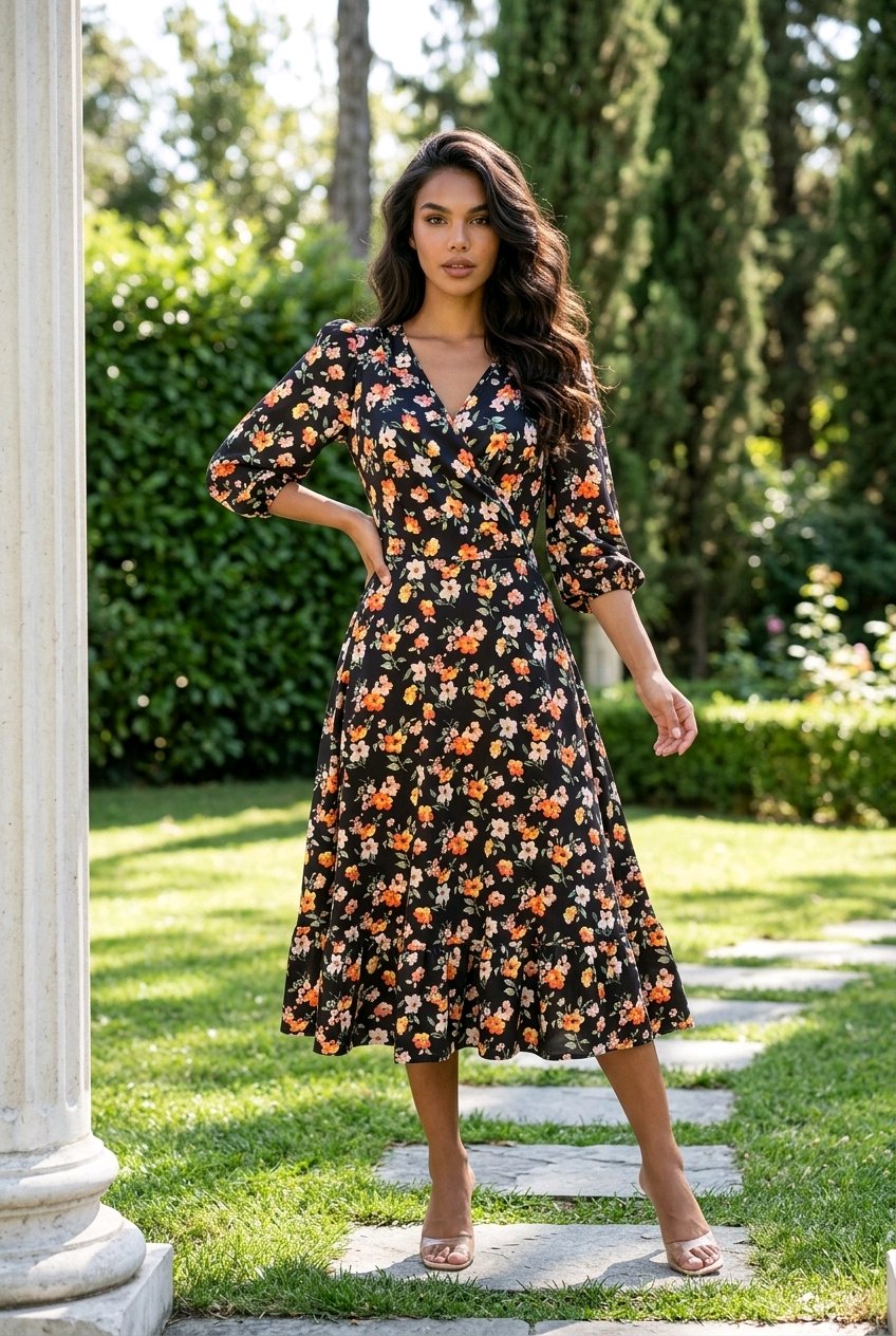 Rochia Livia neagra cu imprimeu floral, decolteu petrecut si volan | Monielle