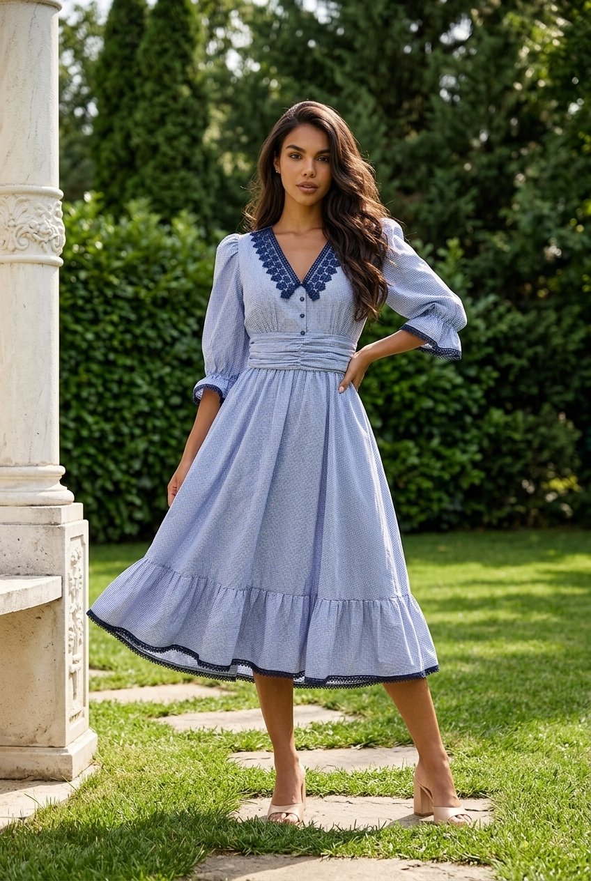 Rochie Viva Romantic Blue din bumbac, cu guler din dantela bleumarin, talie tip corset, volan si buzunare | Monielle